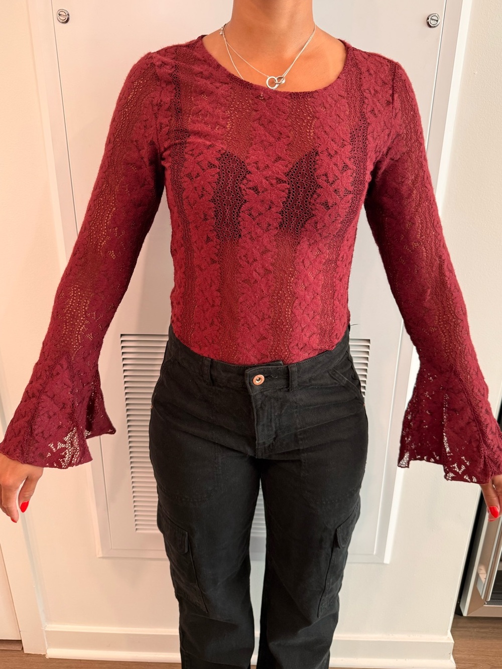 LOFT Burgundy Lace Bell-Sleeve Knit Top